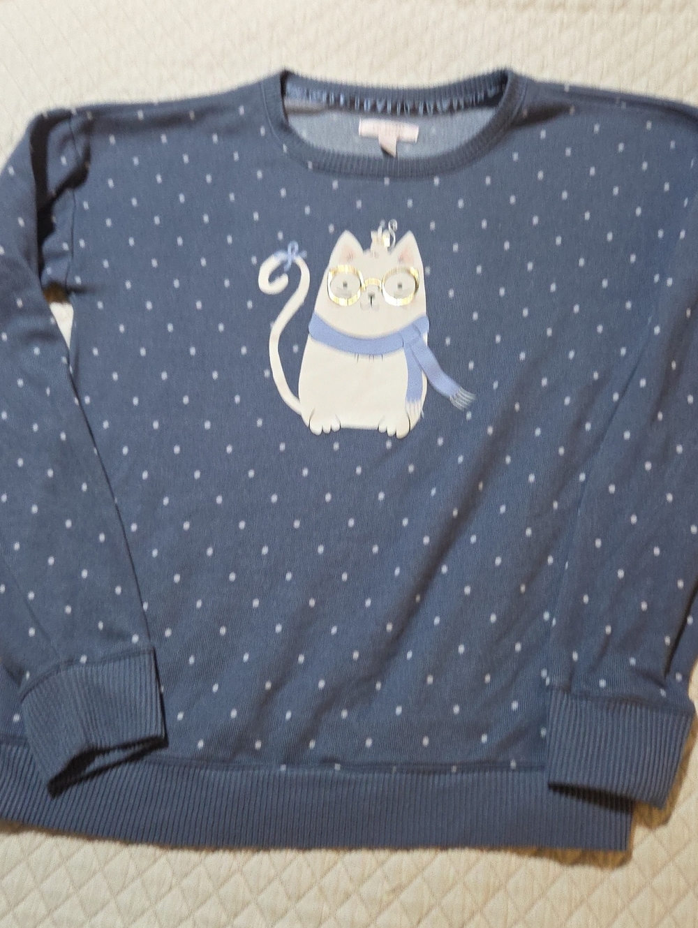LC Lauren Conrad Navy Blue Polka Dot Cat Graphic Sweatshirt